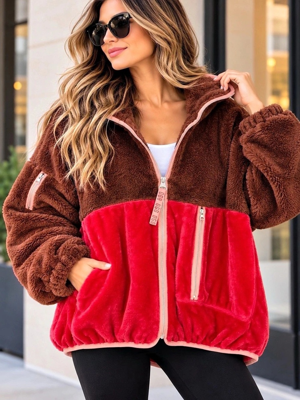 UGG Marlene II Sherpa Fleece Jacket Brown Red Size L NWT